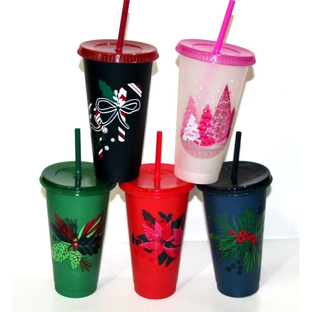 Starbucks Holiday Christmas Themed Reusable Cold Cups Lids Straws 24 Oz Set 5